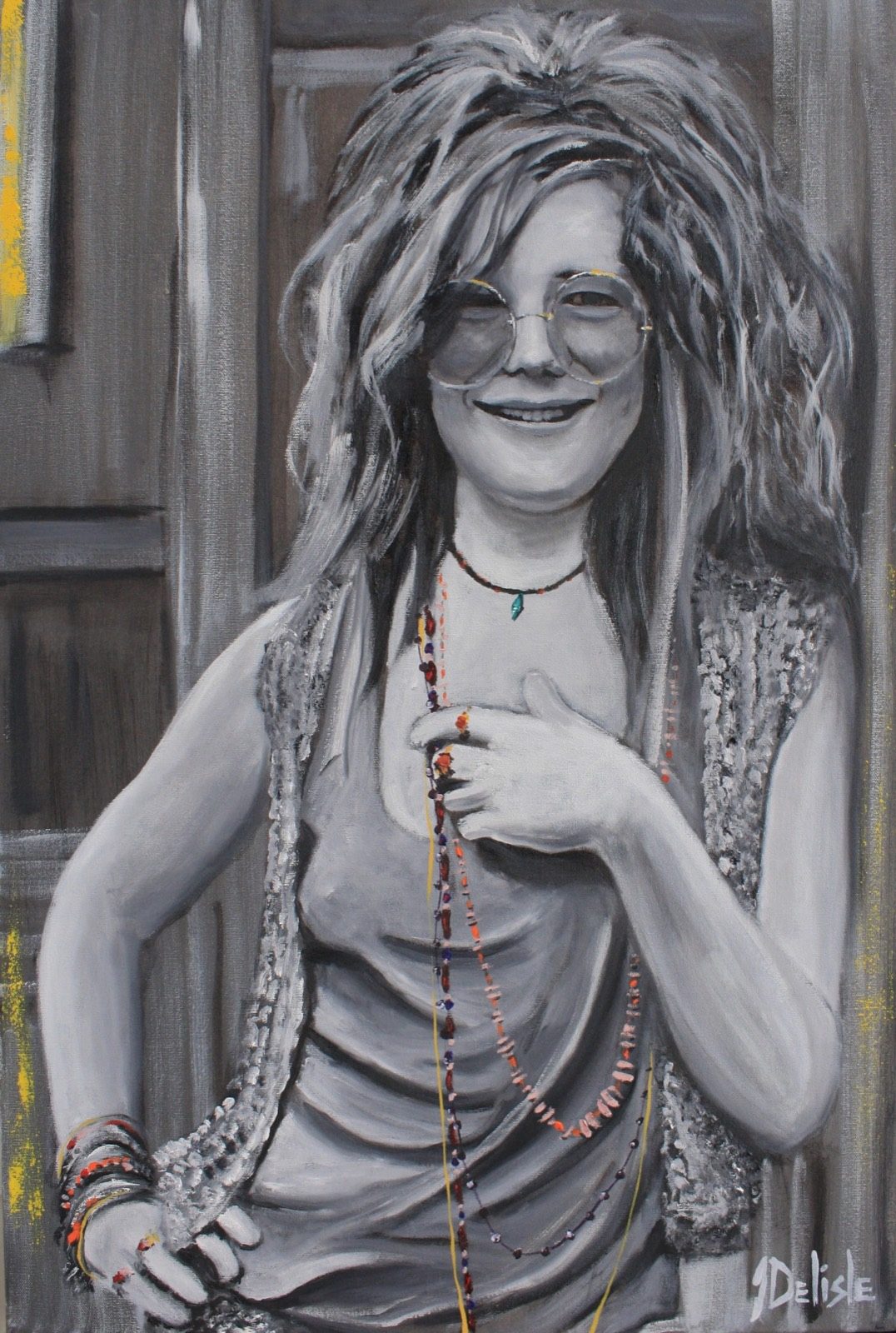 Janis, peinture de Jean Delisle : portrait en noir et blanc de Janis Joplin souriante, colliers de perles