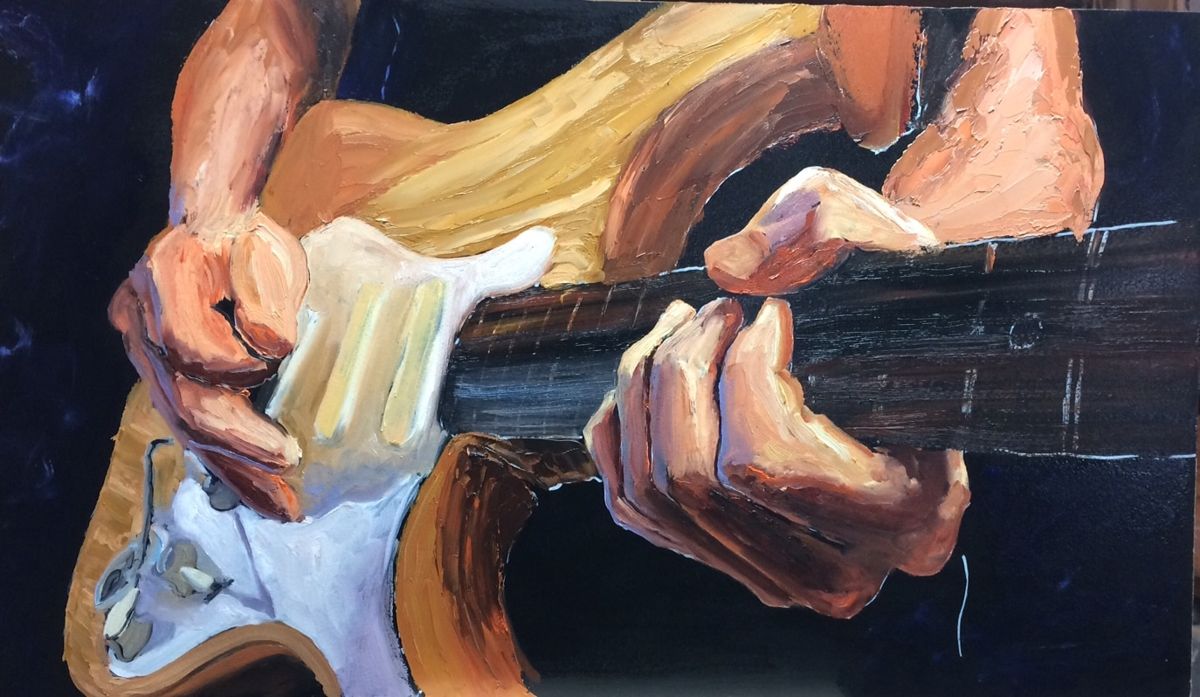 That Stratocaster, deuxième étape : les doigts et le manche précisés, cordes encore absentes