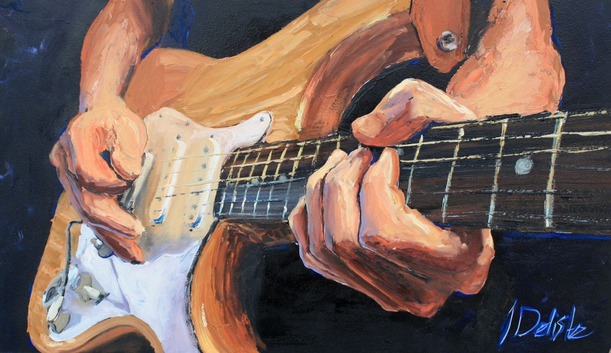 That Stratocaster, toile terminée et signée : mains sur une Stratocaster crème