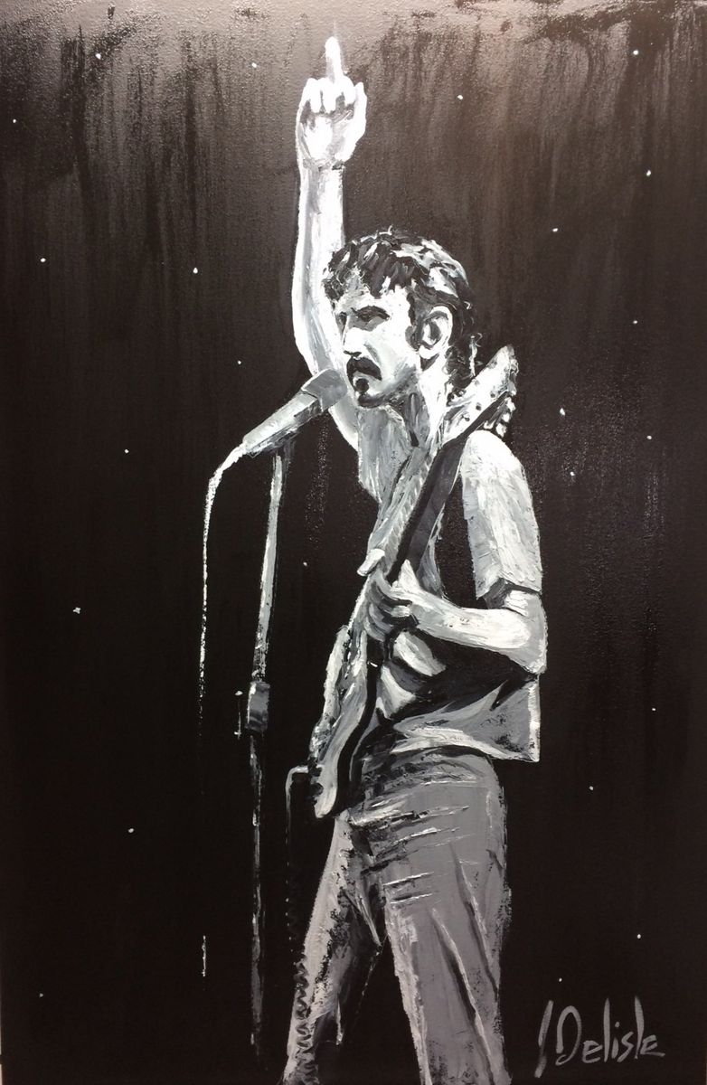 Zappa, toile terminée : Frank Zappa en noir et blanc au micro, le bras levé