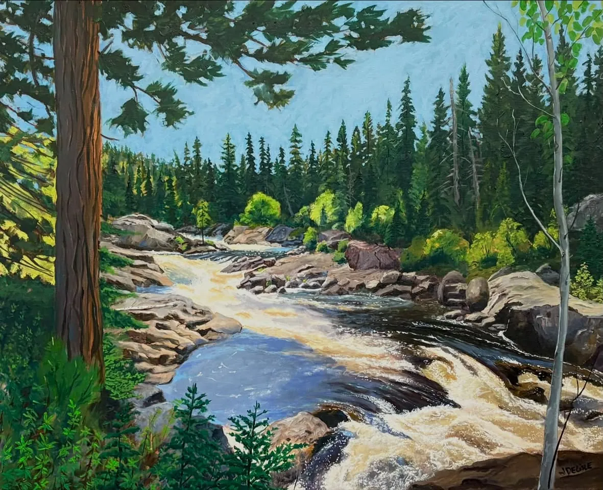 Paysage de rivière en rapides entre les rochers et les épinettes, huile