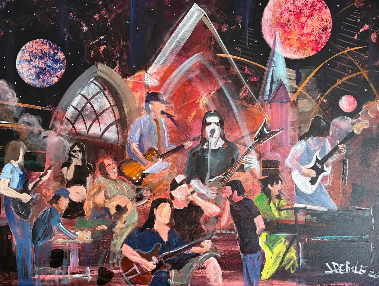 La toile peinte en direct au Festival du Culte de Port-Alfred : les musiciens de la journée, l'église et des planètes dans un ciel cosmique