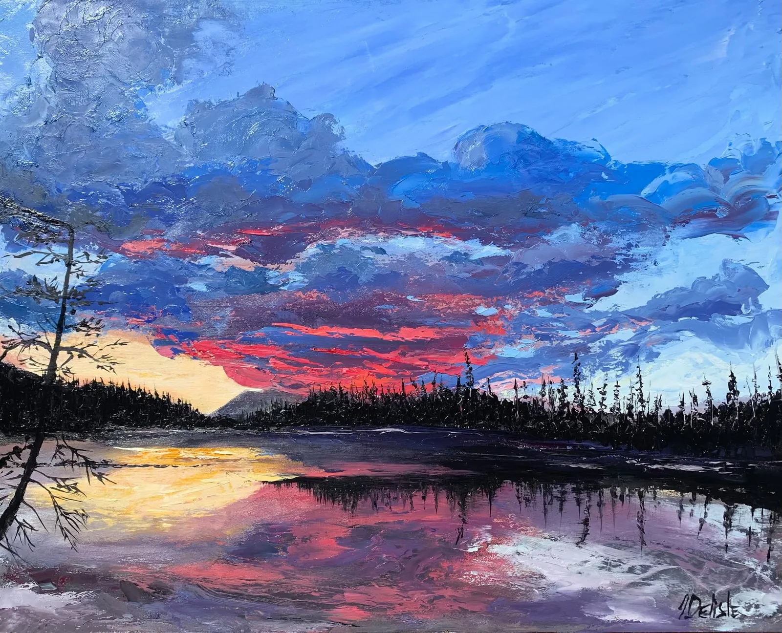 First Copper Rise, huile de 16 x 20 po : lever de soleil cuivré sur un lac calme et une ligne d'épinettes