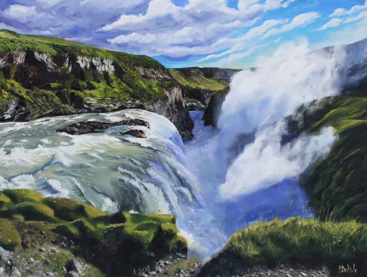 Gullfoss, huile de 3 x 4 pi : la chute d'Islande en cascade blanche entre des falaises vertes