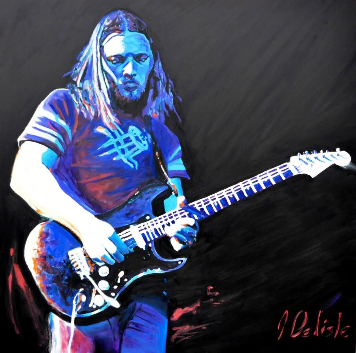 Toile d'un guitariste aux cheveux longs, guitare bleue, sur fond noir