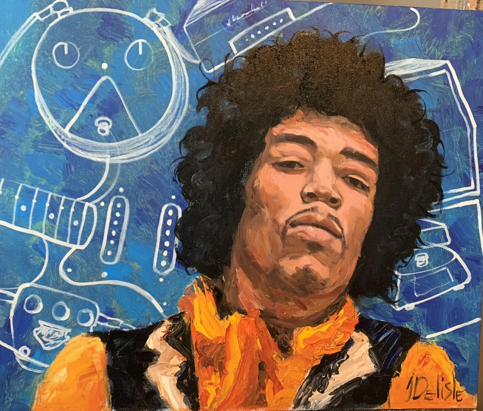 Jimi et son kit, 20 x 24 po : Jimi Hendrix en veste orange sur fond bleu de dessins de pédales