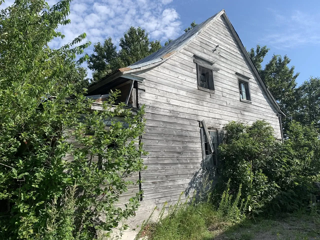 Photo de la vieille maison grise en bardeaux du grand-père, entourée d'arbres