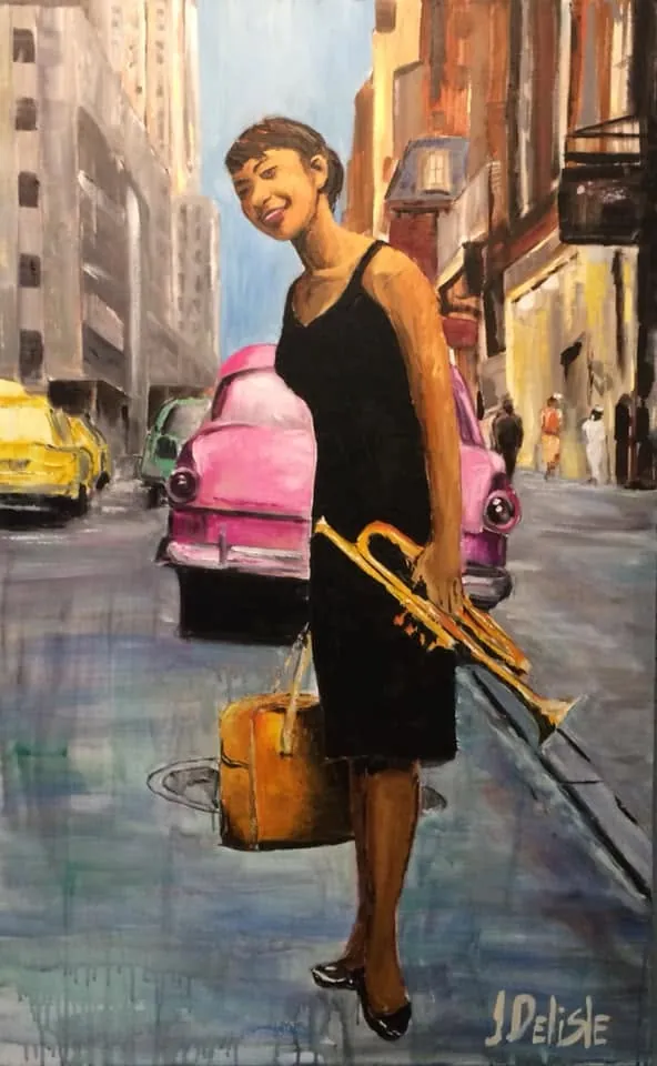 Lady Billie Holiday, huile de 30 x 48 po : la chanteuse en robe noire dans une rue, voiture rose derrière