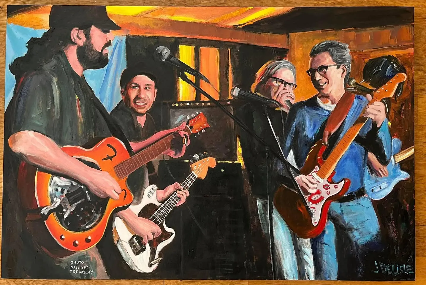 Le blues c'est la vie, huile de 24 x 36 po : cinq musiciens de blues sur scène, guitares et harmonica