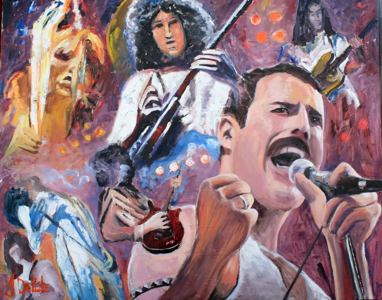 Le groupe Queen, huile de 40 x 50 po : Freddie Mercury au micro, Brian May et les autres membres en montage