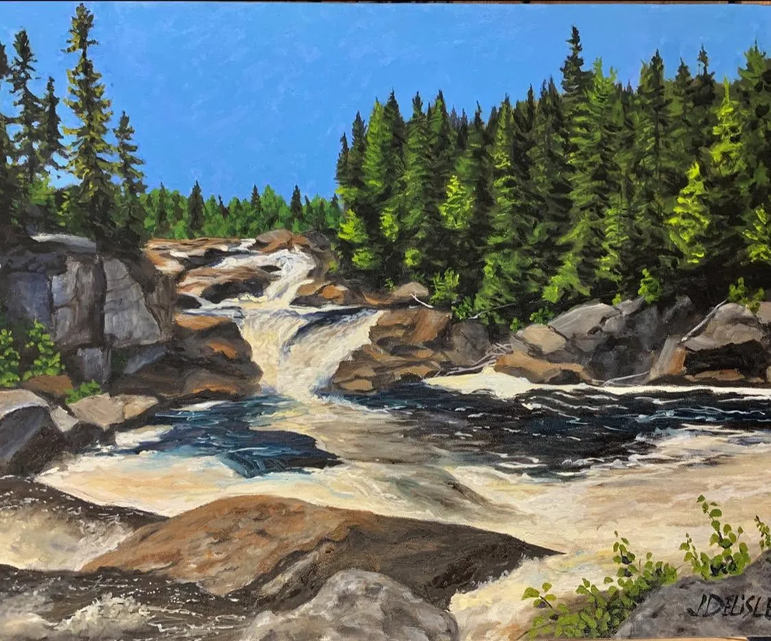 Les 3 chutes, Parc du Trou de la Fée, huile de 16 x 20 po : rapides et chutes entre les rochers et les épinettes