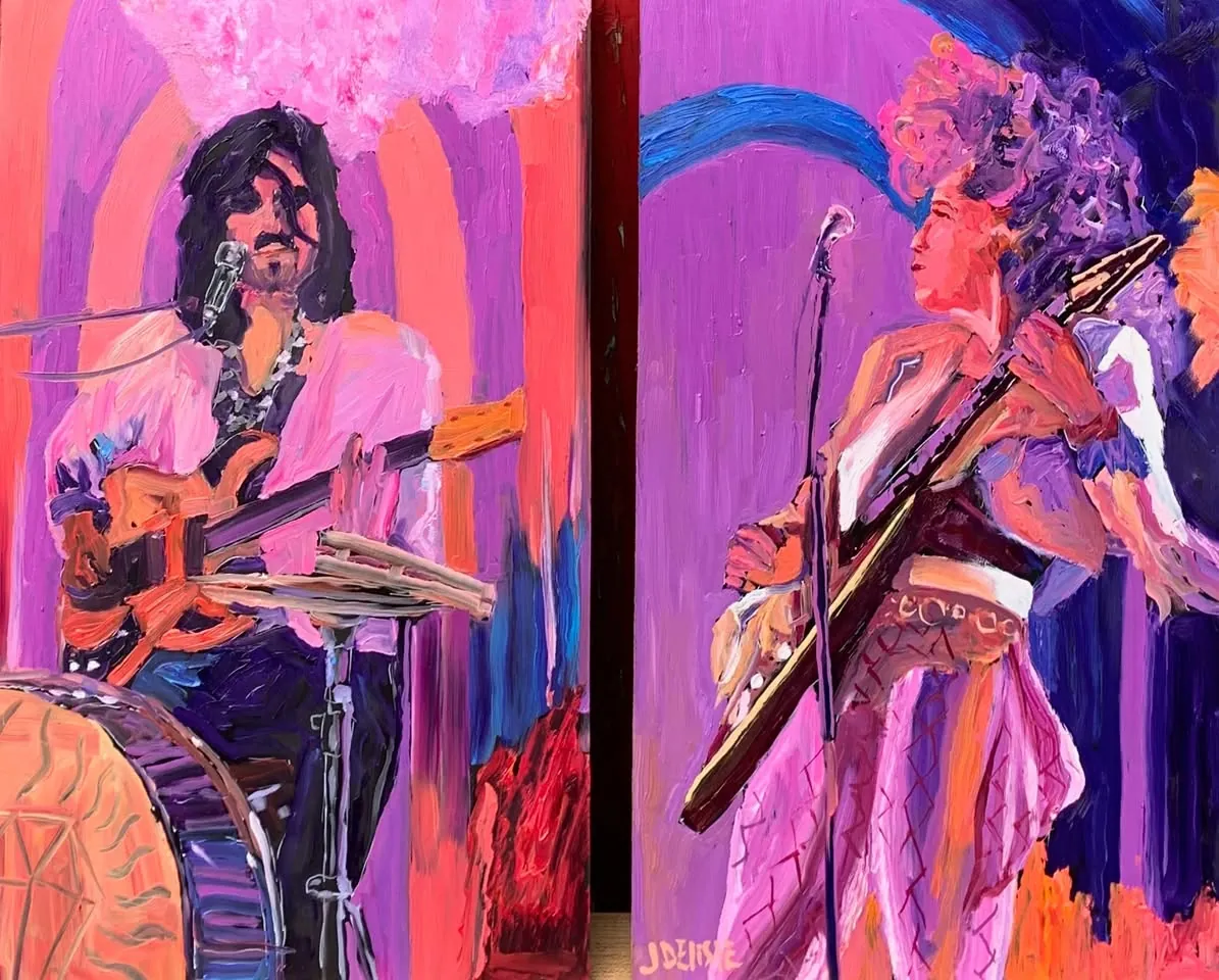 Les Deux Luxes, diptyque à l'huile : les deux musiciens du duo sur scène, dans des tons roses et violets