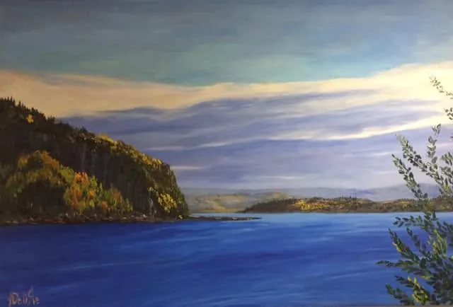 Majestueux Fjord, huile de 4 x 6 pi : le fjord du Saguenay bleu, caps boisés et ciel du soir