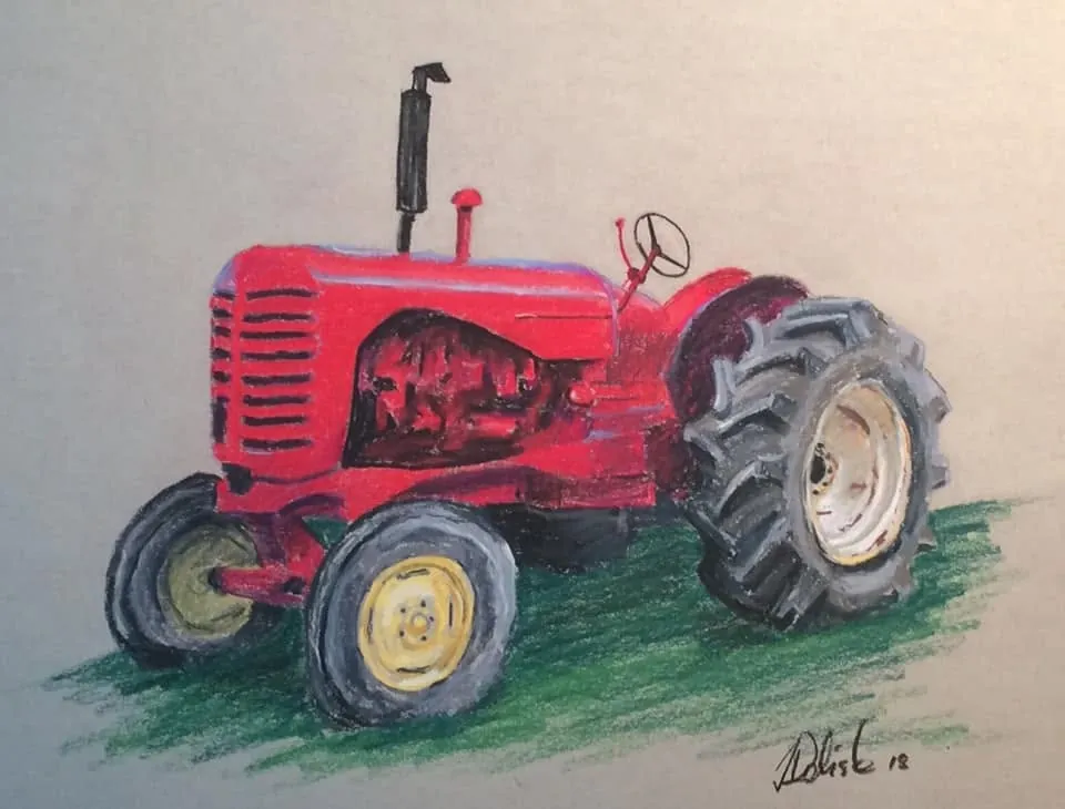 Tracteur Massey-Harris 44 rouge au pastel sec sur papier