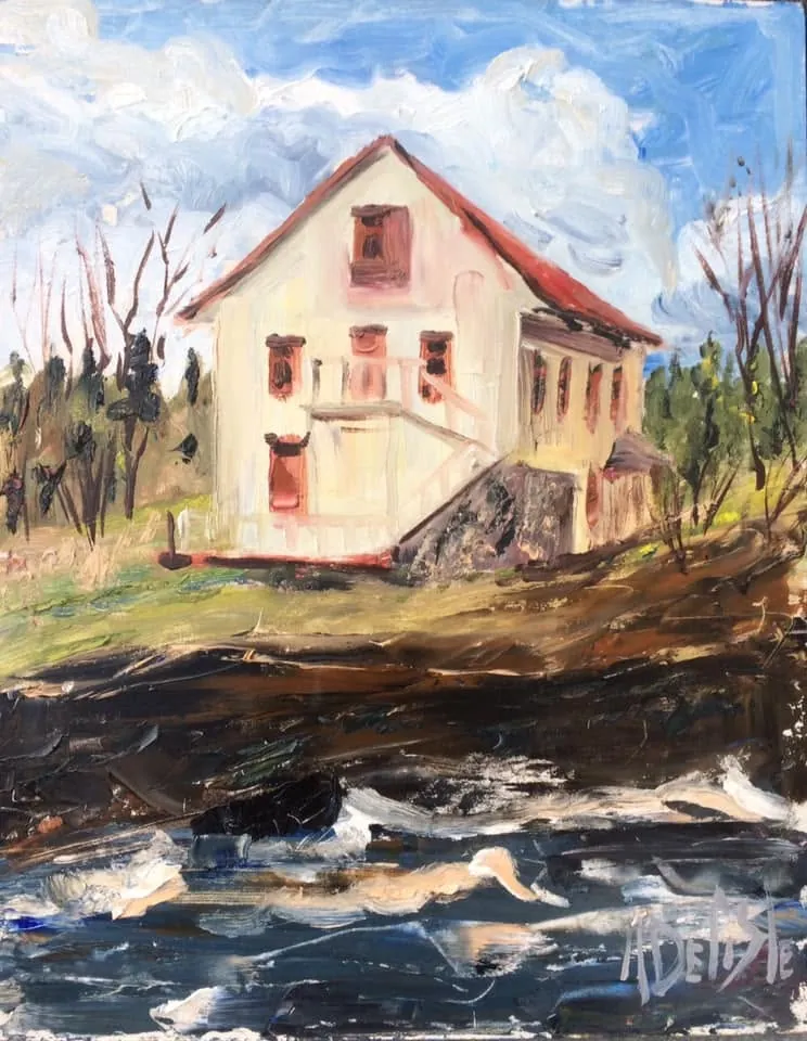 Moulin Riverin, huile de 11 x 14 po : un vieux moulin blanc au-dessus des rapides