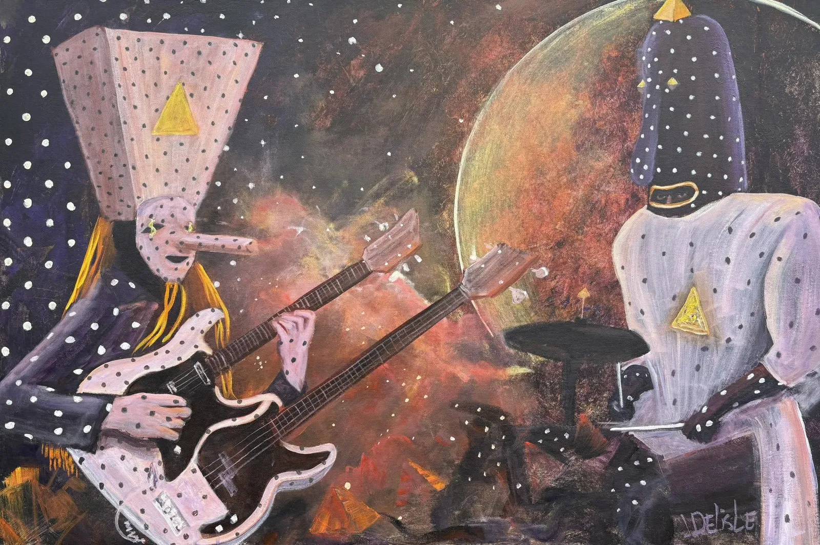 Planète Angine de poitrine, acrylique de 24 x 36 po : les deux musiciens costumés jouent devant une planète géante