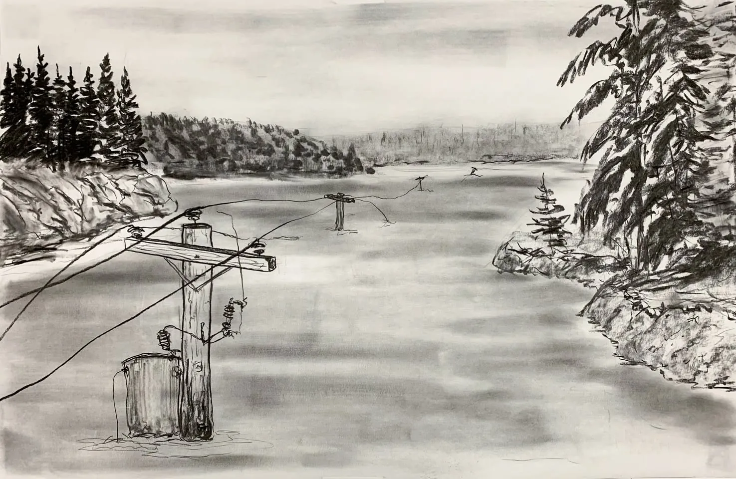 Dessin au fusain : un pont et des pylônes tombés dans un paysage d'hiver vide