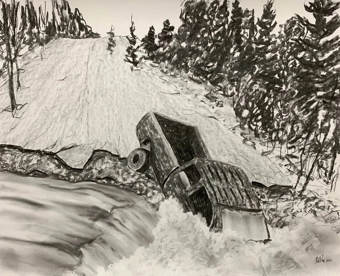 Dessin au fusain : une voiture renversée dans un ravin enneigé, arbres morts