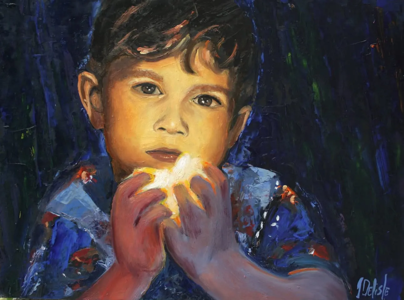 Quel futur pour nos enfants?, huile : un jeune enfant aux yeux sombres tient une lumière entre ses mains