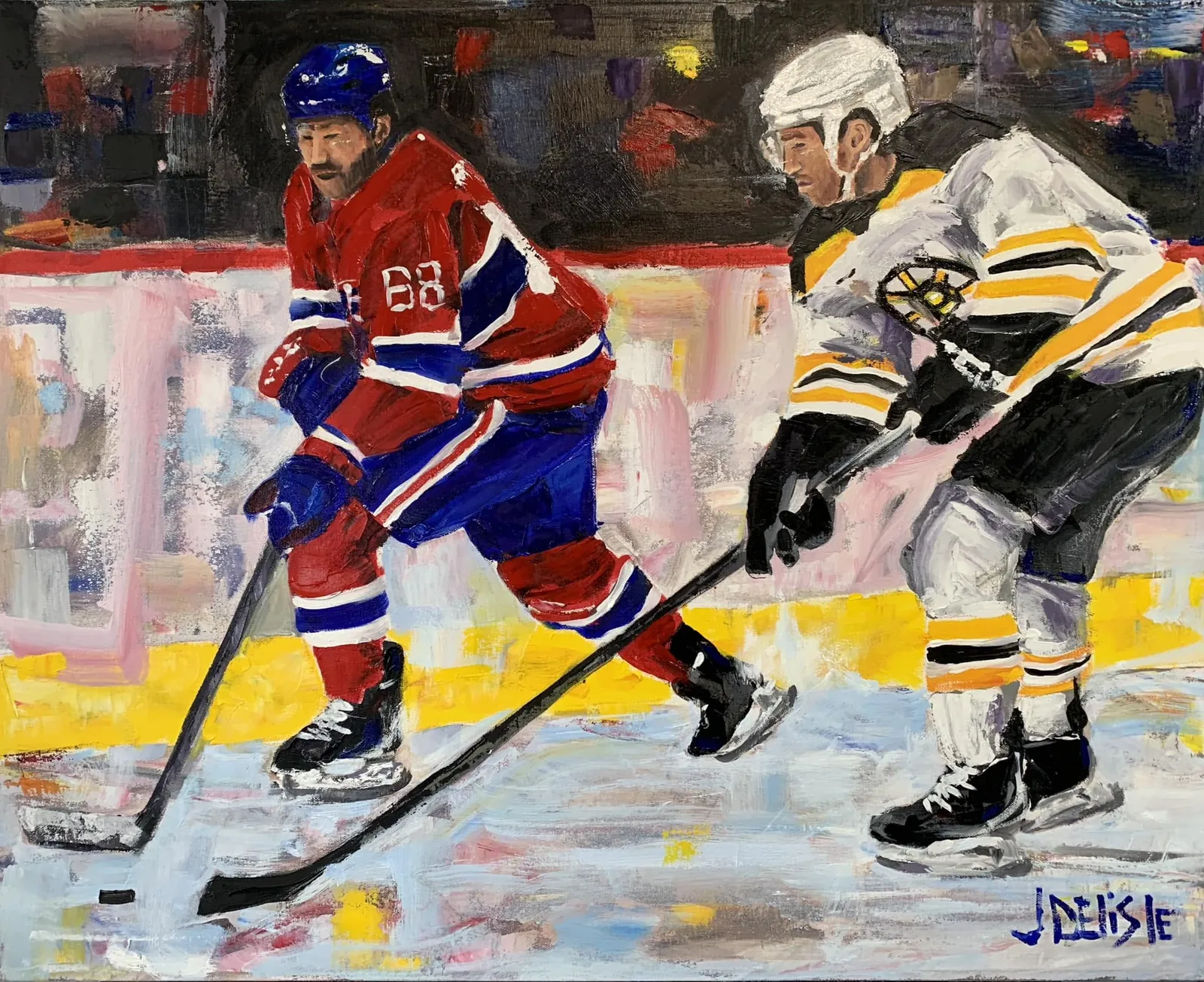 Rivalité, huile de 24 x 30 po : un joueur du Canadien et un joueur des Bruins se disputent la rondelle