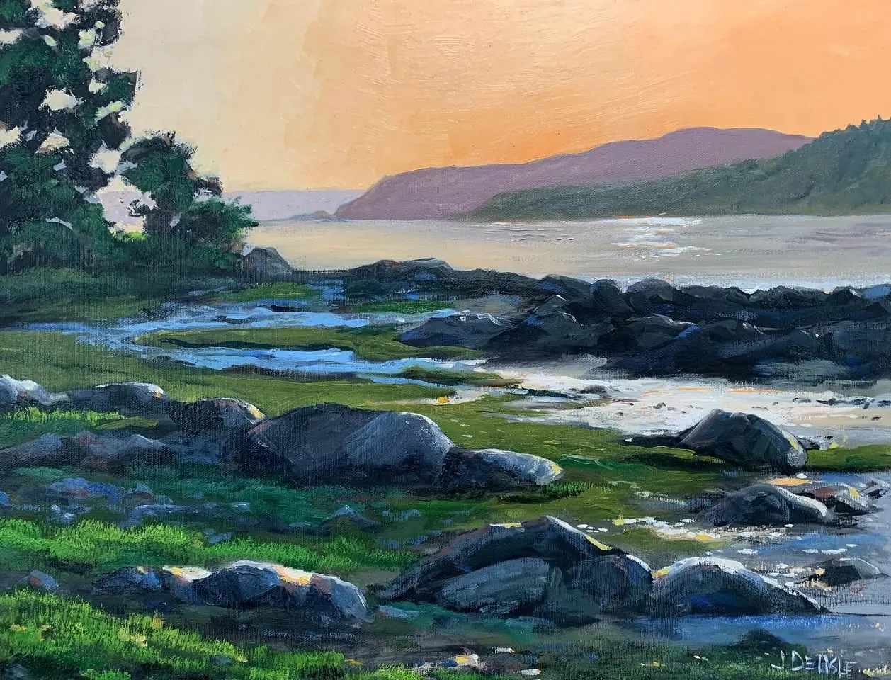 Rive du Fjord, huile de 16 x 20 po : rive rocheuse du fjord au soleil couchant