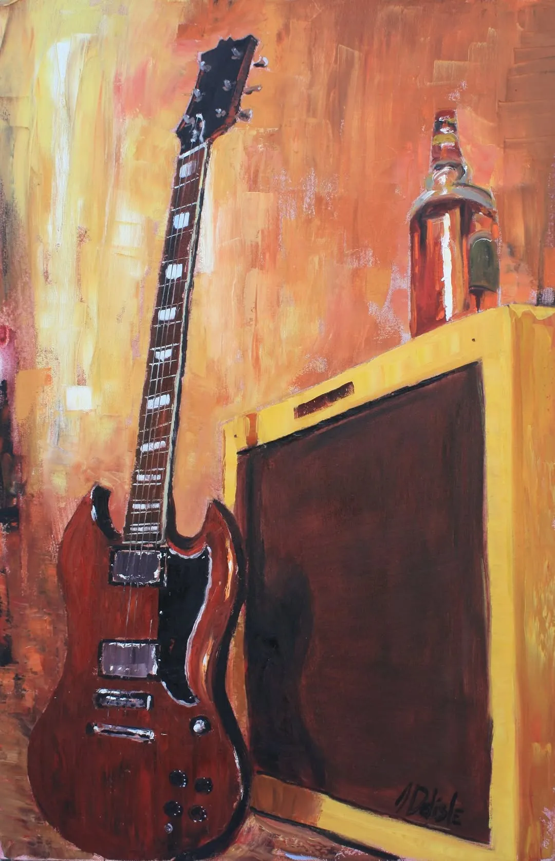 Scotch n Rock Kit : guitare Gibson SG rouge appuyée sur un ampli, bouteille posée dessus