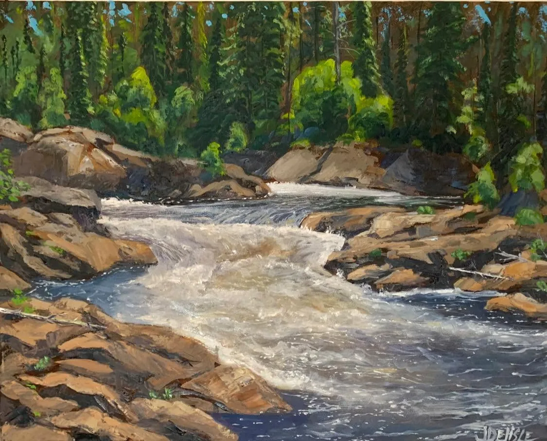 Seconde toile du Trou de la Fée : rivière en rapides entre des rochers roses et la forêt