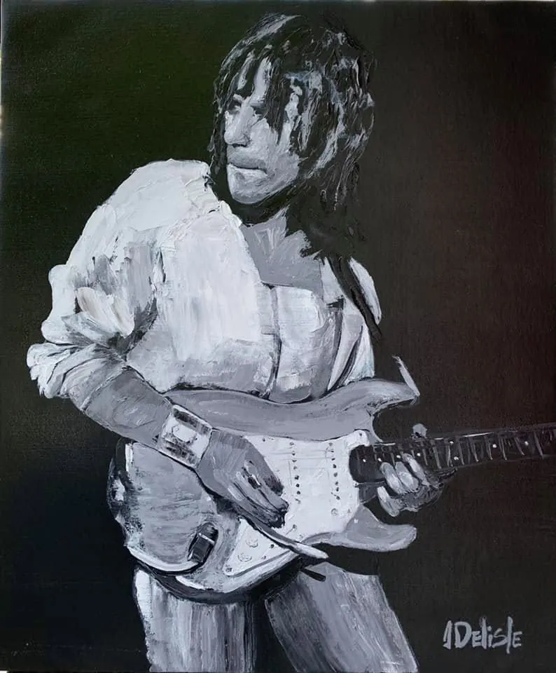 Jeff Beck en noir et blanc, guitare blanche à la main