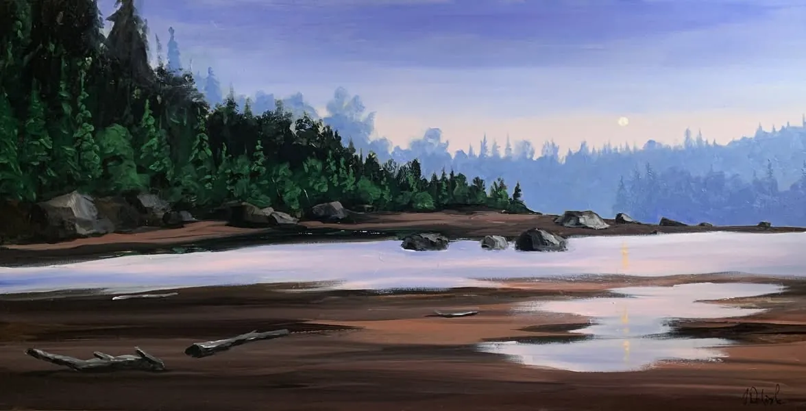Paysage de rive du Saguenay au crépuscule, eau calme et forêt sombre