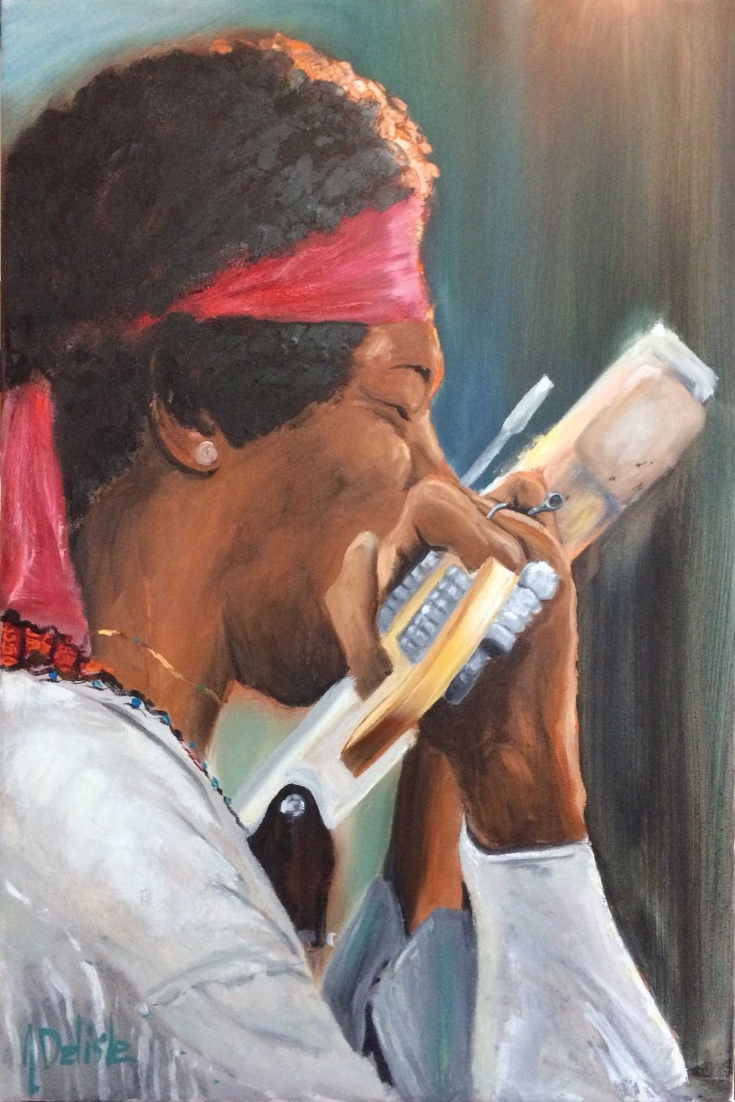 Jimi Hendrix Woodstock, huile de Jean Delisle : Jimi Hendrix au bandeau rouge, joue de l'harmonica, guitare blanche à l'épaule