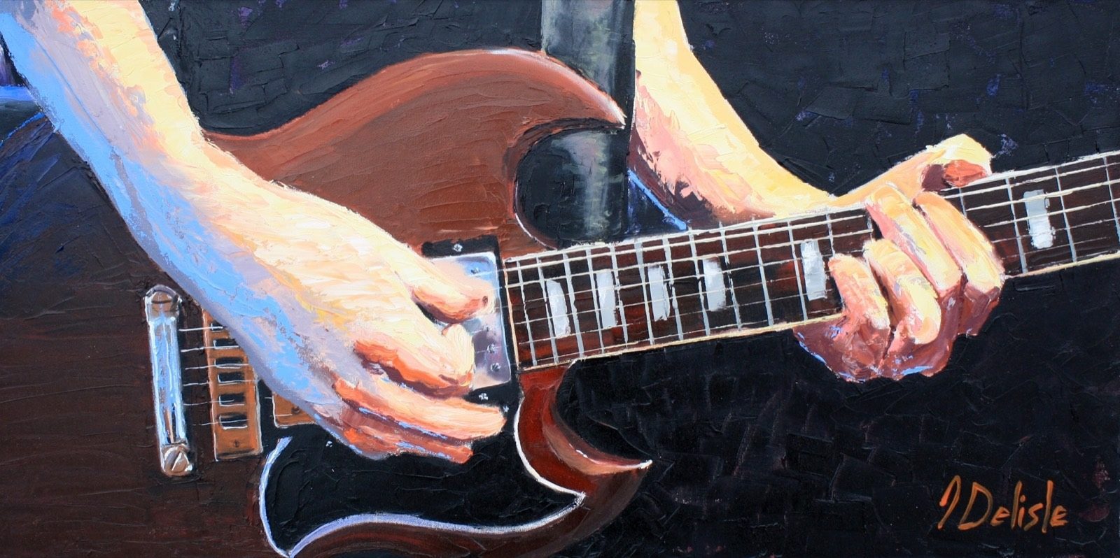Johnny's Guitar, huile de Jean Delisle : mains sur une guitare SG rouge foncé, cadrage horizontal serré