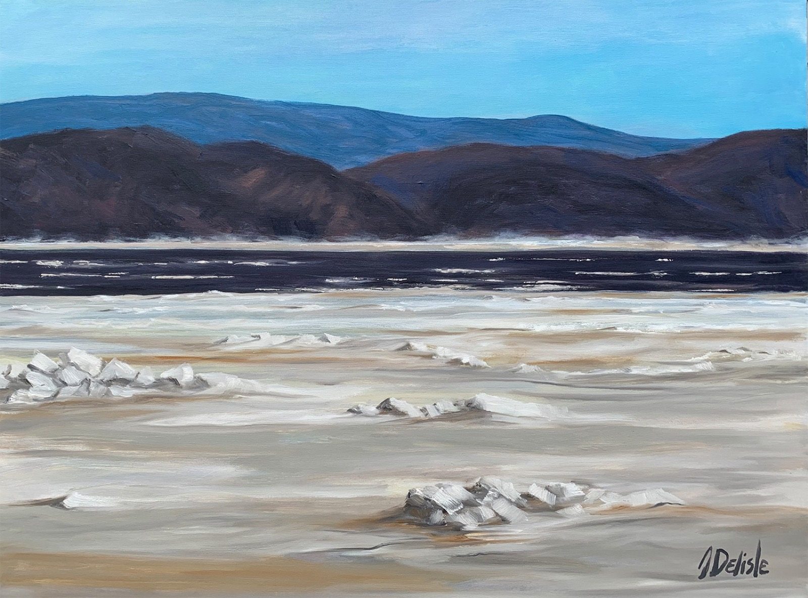 Libération, huile de Jean Delisle : débâcle sur une rivière, glaces blanches devant des montagnes bleues