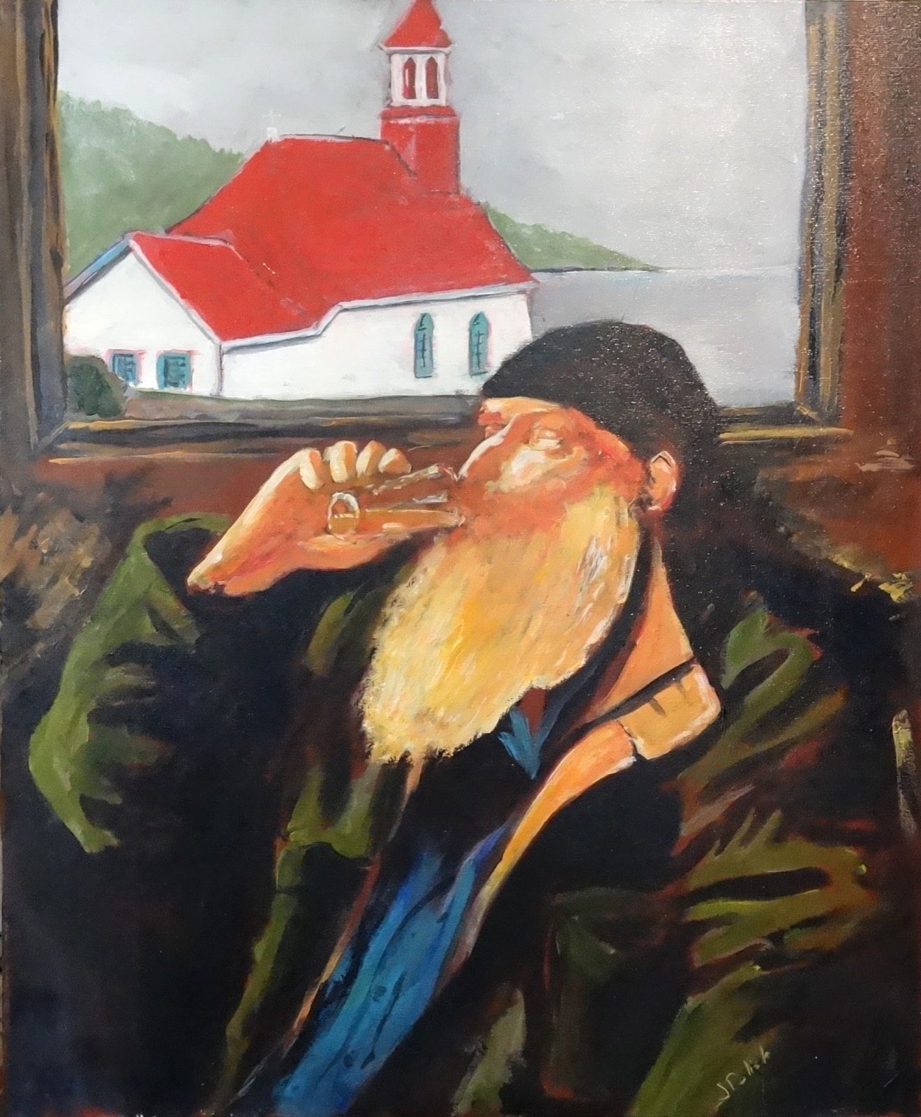 Marin de Tadoussac, huile de Jean Delisle : homme barbu à la casquette qui boit, la petite chapelle blanche au toit rouge de Tadoussac derrière lui