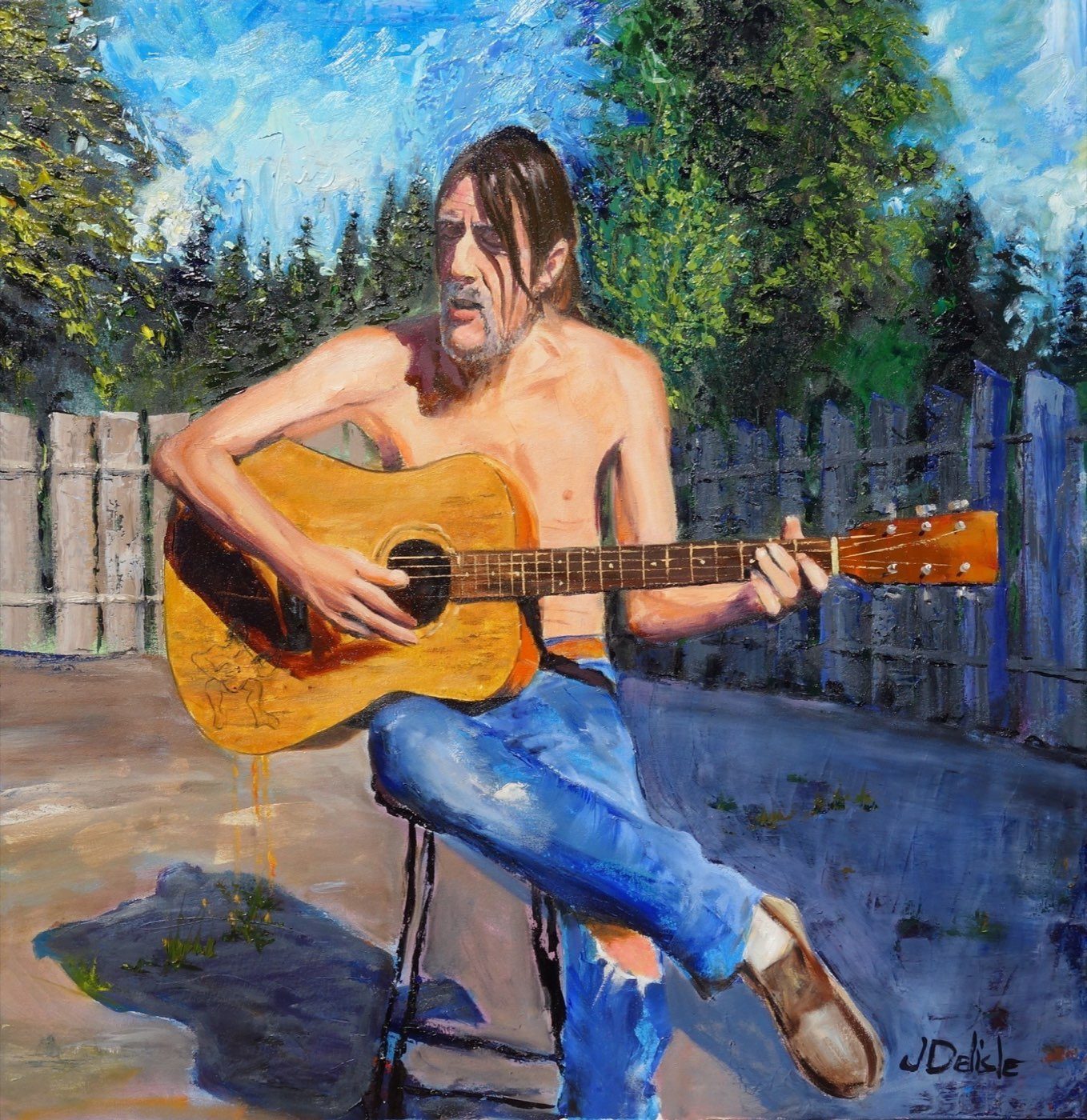 Murray Earl Tuck, huile de Jean Delisle : musicien assis torse nu jouant d'une guitare acoustique devant une clôture de bois