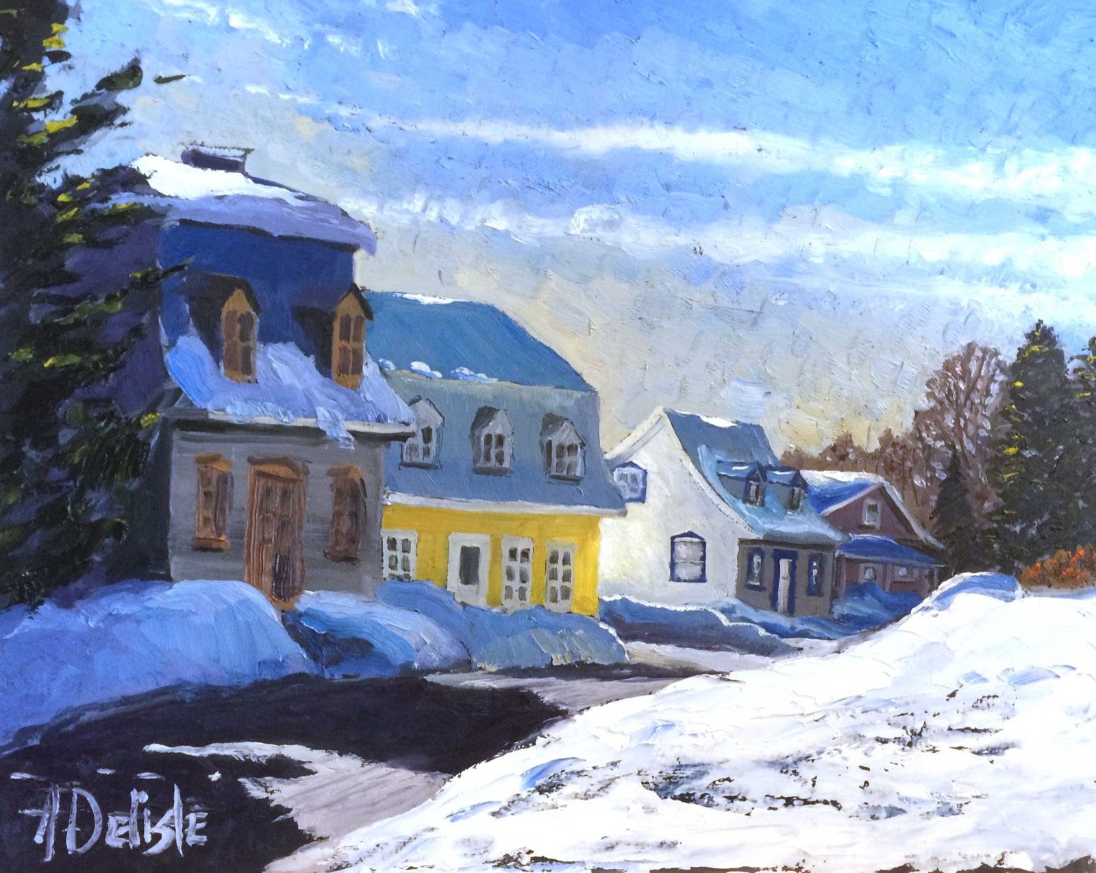 Paysage d'hiver, peinture de Jean Delisle : rue de village en hiver, maisons colorées sous la neige et ciel bleu