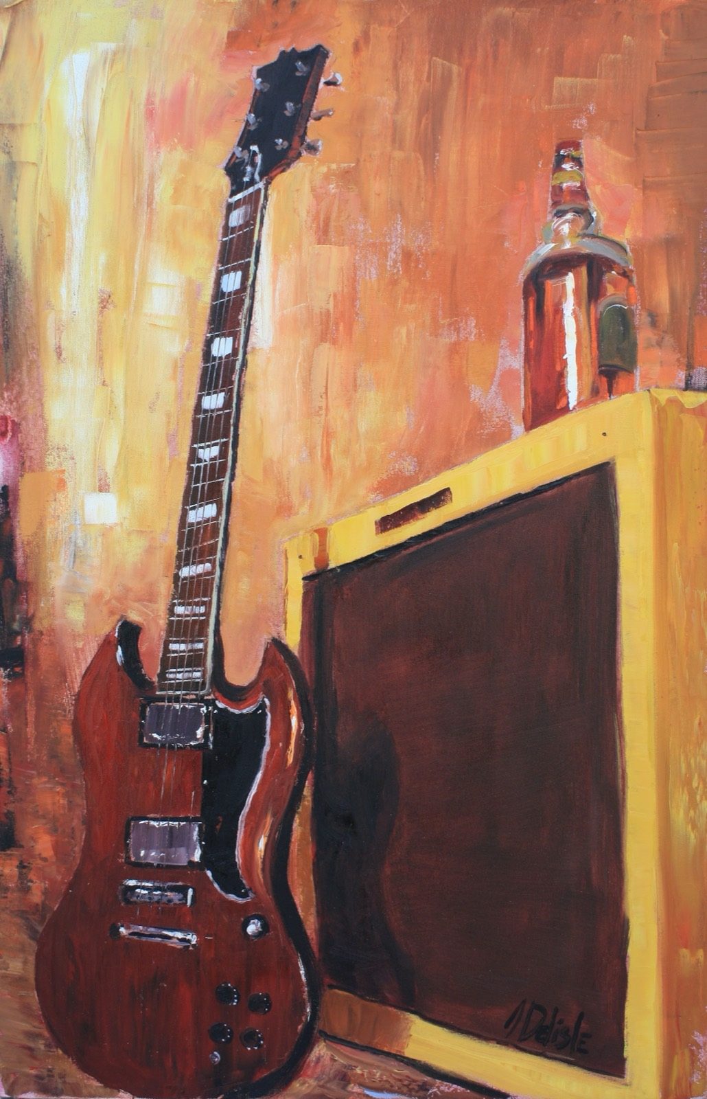 Scotch n Rock Kit, huile de Jean Delisle : guitare Gibson SG rouge appuyée sur un ampli, bouteille de scotch posée dessus