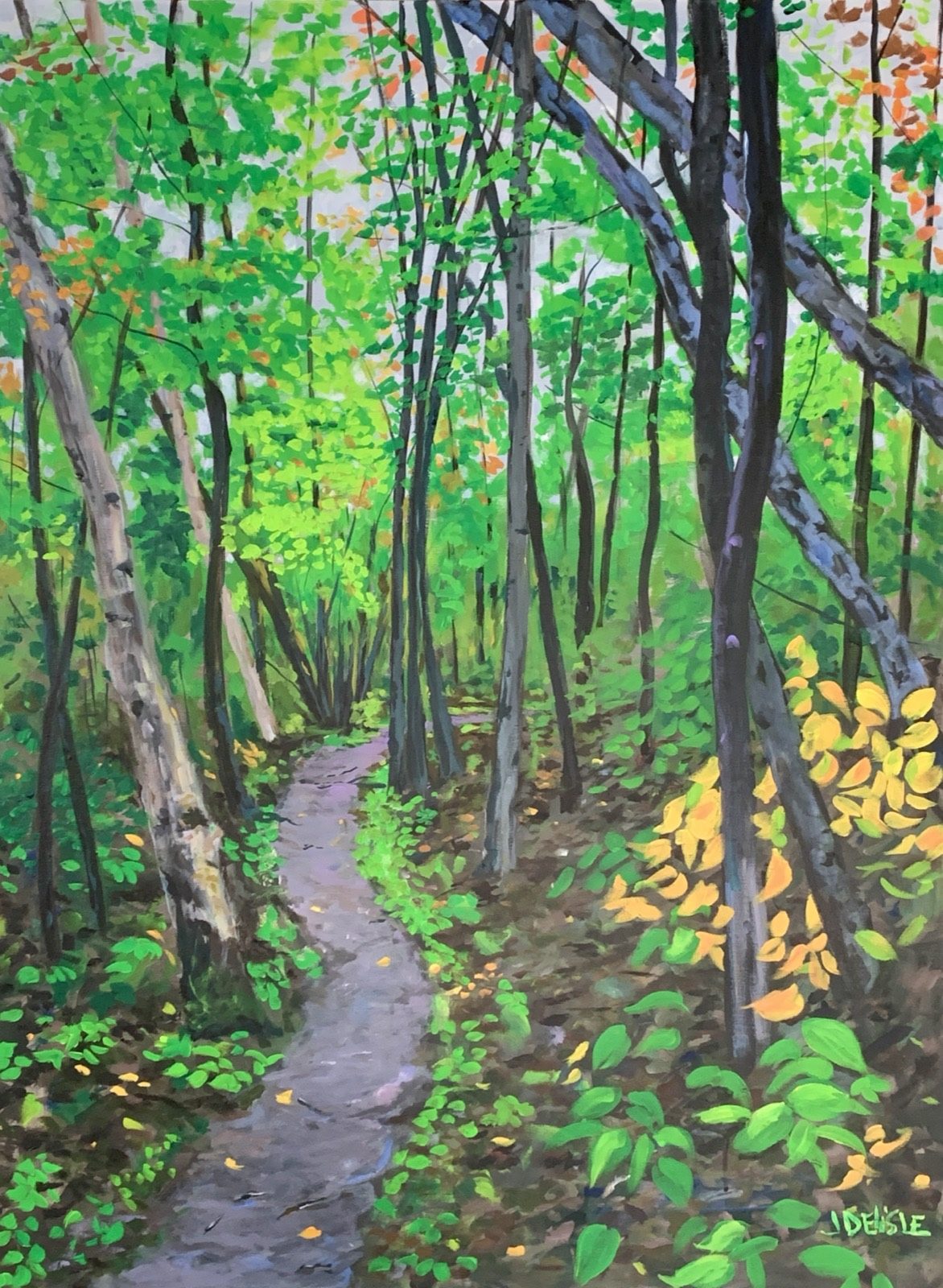 Sentier du Panoramique, peinture de Jean Delisle : étroit sentier qui serpente dans une forêt de feuillus vert vif