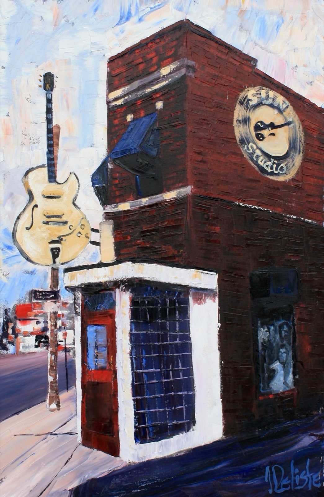 Sun Studio, huile de Jean Delisle : façade de brique du Sun Studio à Memphis, grande guitare à l'enseigne